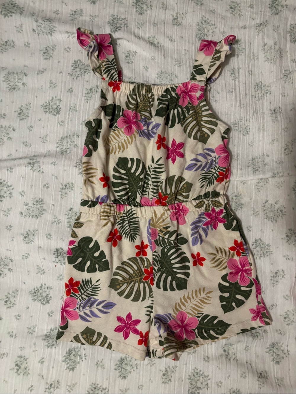 wonder nation Cream Floral Tropical Romper with Pink, Red & Green Print